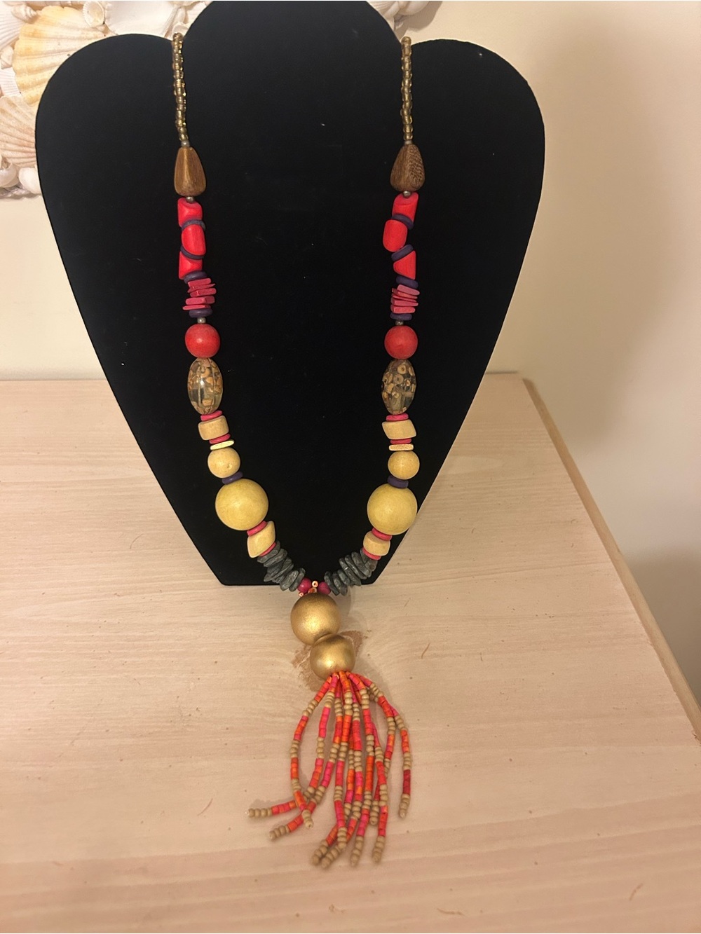 Boho Statement Tassel Necklace Wood Bead Red Gold Artisan Tribal Style